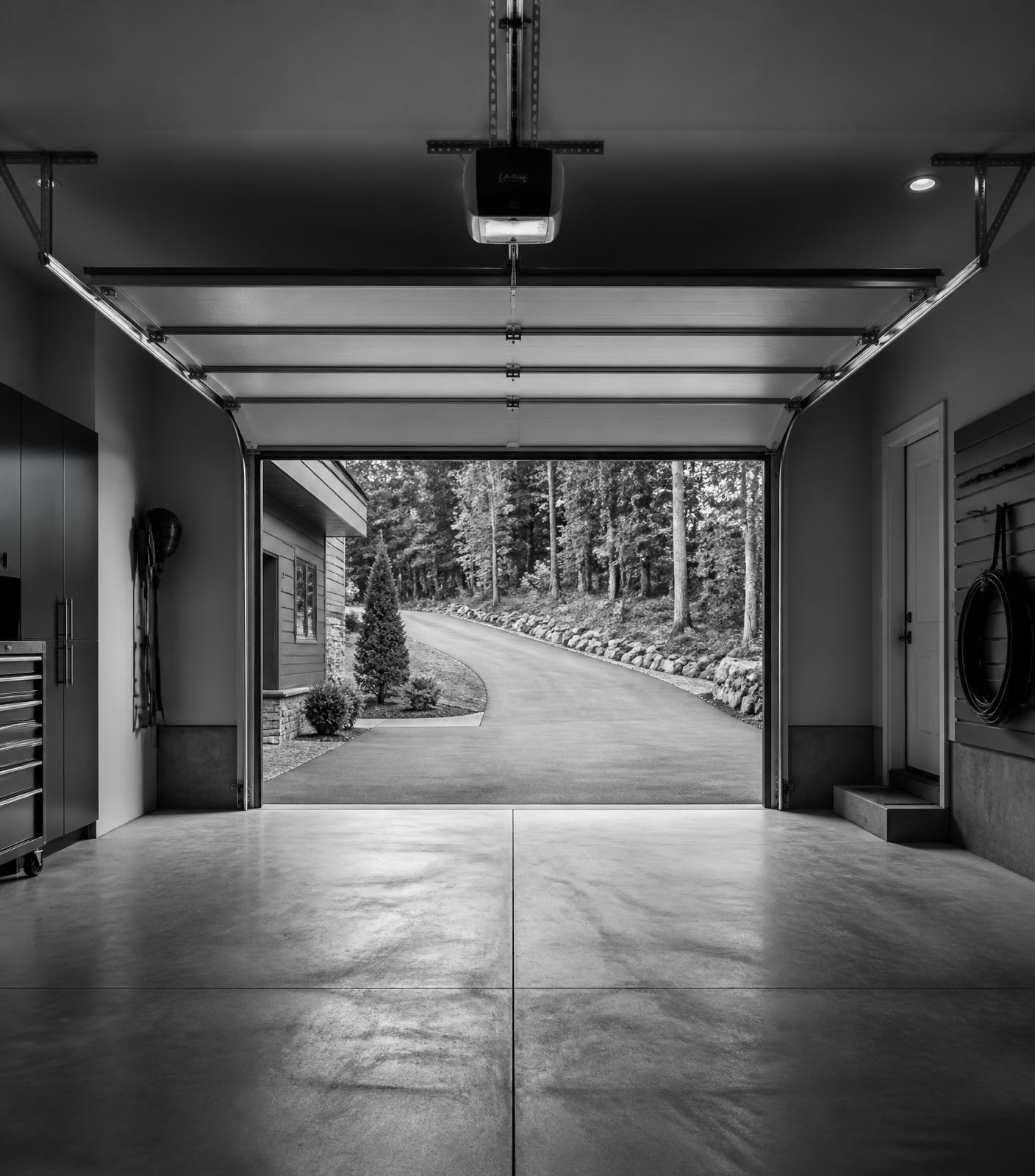 Interior of a clean garage looking out through an open garage door