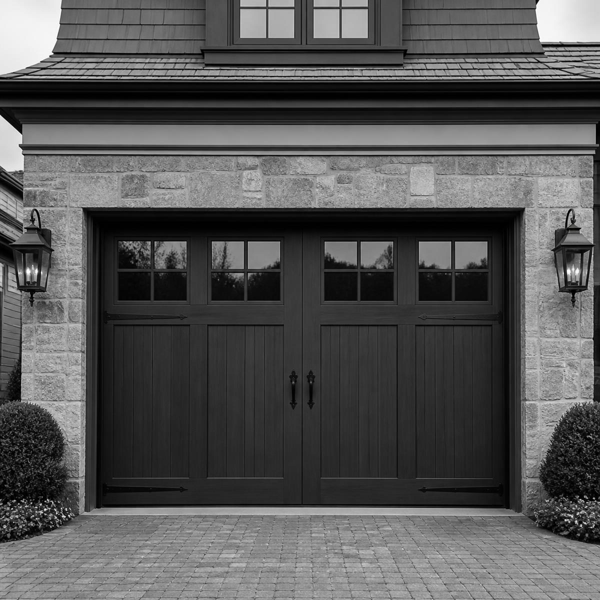 Carriage-house style garage door with decorative hardware